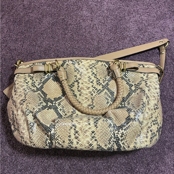 Coach Snake Print Leather Beige & Brown Shoulder Bag w Detachable Strap - Picture 3 of 8